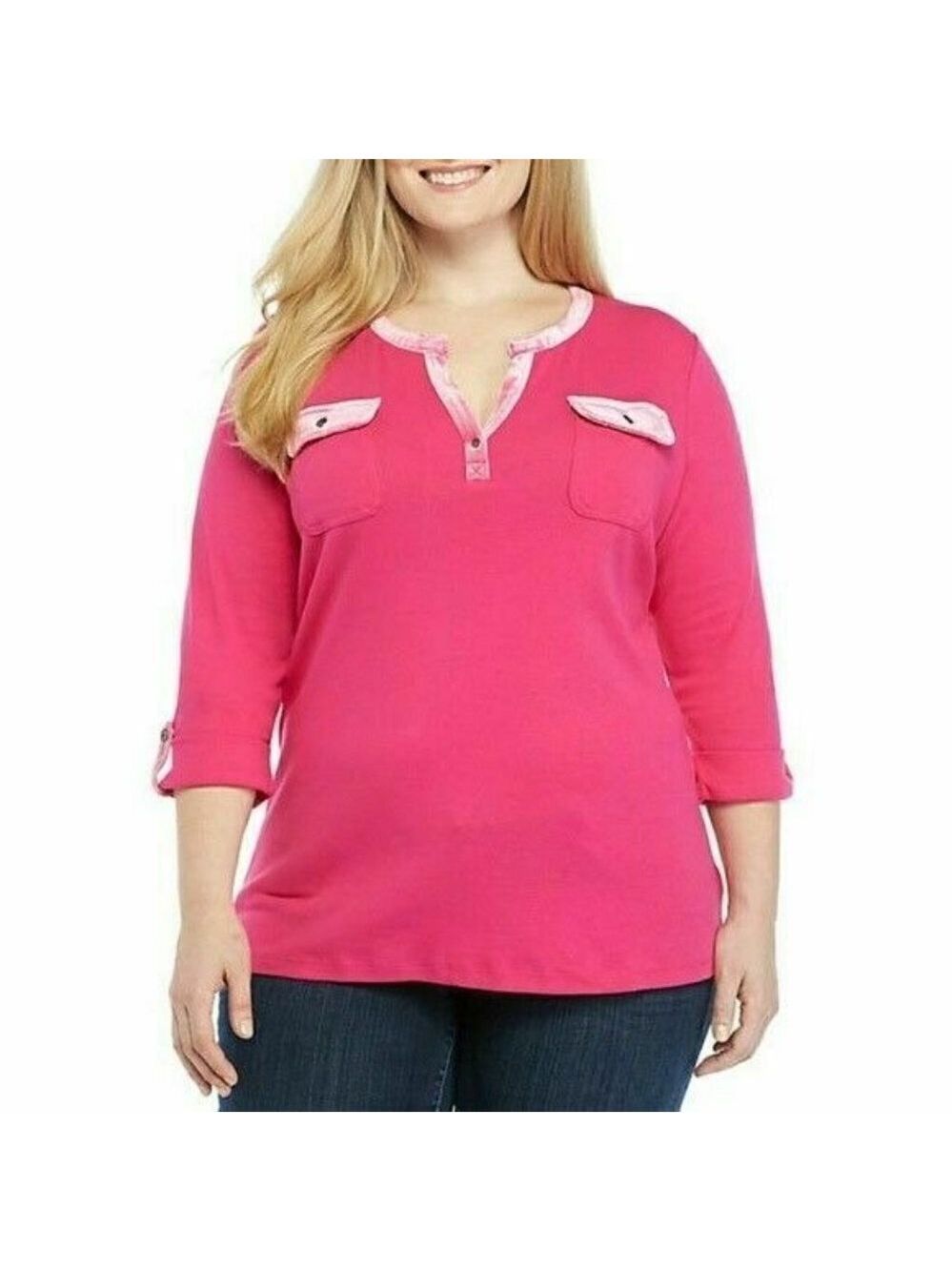 𝅺kim Rogers Pink Velvet Trim Split Neck Long Sleeve Jersey Top Plus Size 1X NWT